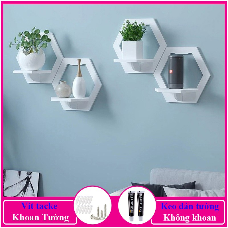 Kệ treo tường trang trí không cần khoan, chất liệu gỗ nhựa cao cấp màu trắng, decor không gian sống - a27