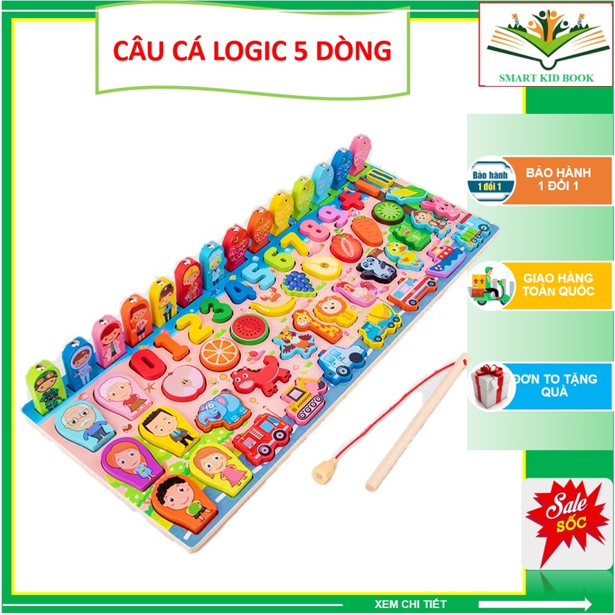 Bảng Câu Cá Gỗ Logic 5 Dòng - Bảng Số, Con Vật, Trái Cây, Câu Cá Thông Minh Đa Năng