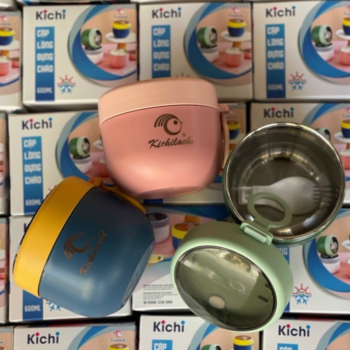 Cặp lồng giữ nhiệt, ủ cháo cho bé kichilachi, dung tích 600ml, tặng kèm muỗng, chất liệu an toàn, tiện lợi