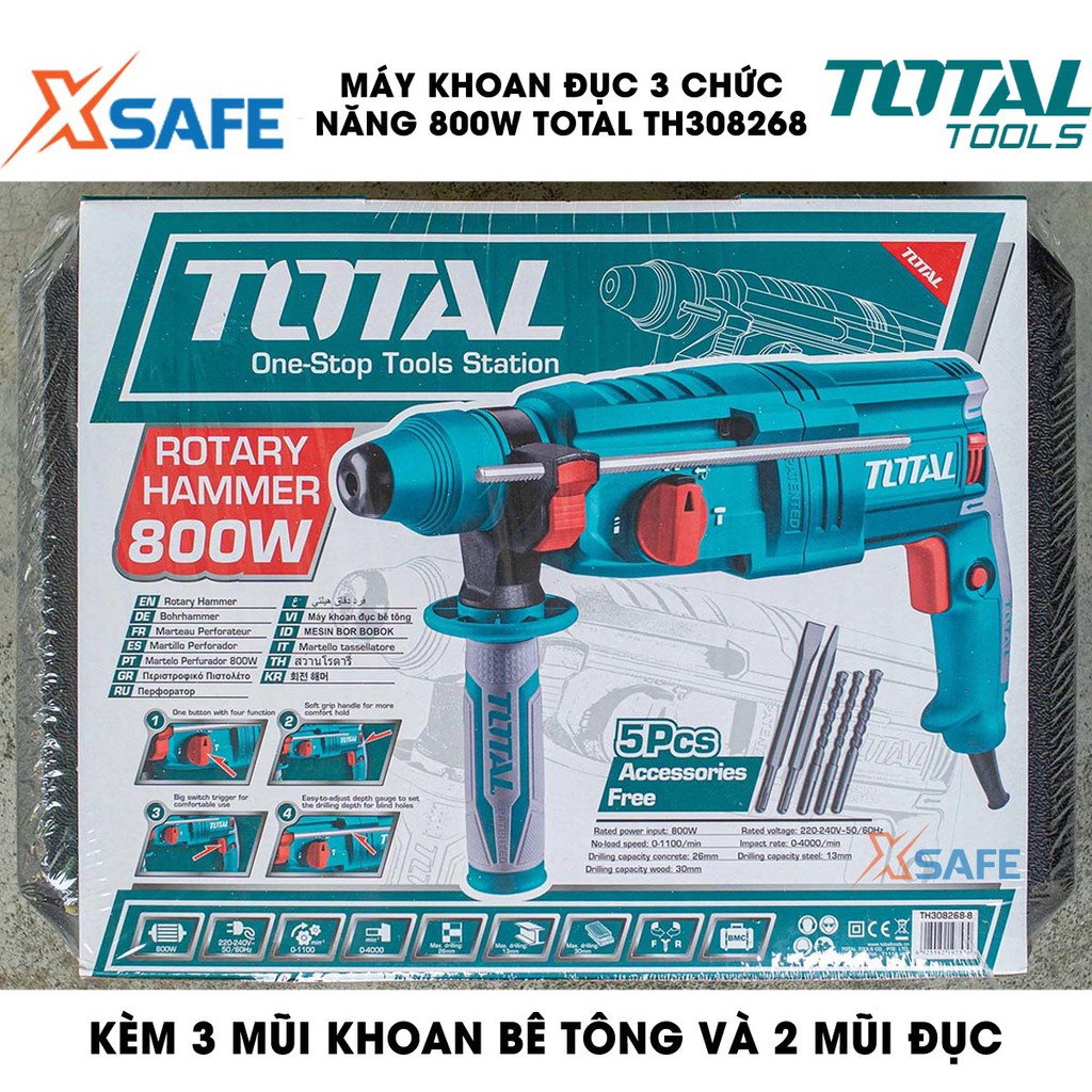 Máy khoan búa cầm tay 3 chức năng 800w TOTAL TH308268 tốc độ 1100rpm, tốc độ búa 4000bpm lực đập 2.5j, kèm mũi khoan,đục