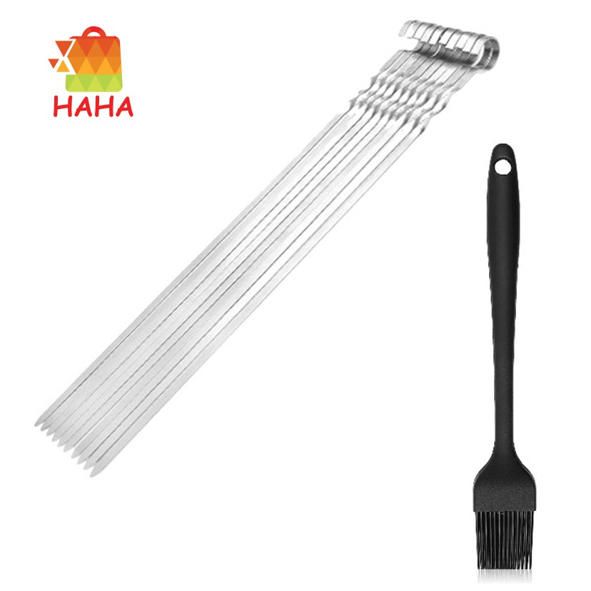 Stainless Steel Bbq Meat Skewers Sticks and Baking Brush