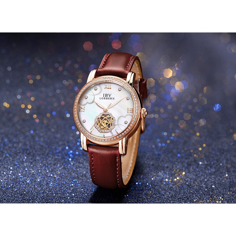 Đồng hồ nữ chính hãng LORBERN IBV6806-5 Kính sapphire ,chống xước,Chống nước ,BH 24 tháng,Máy cơ (Automatic) ,dây da nâu