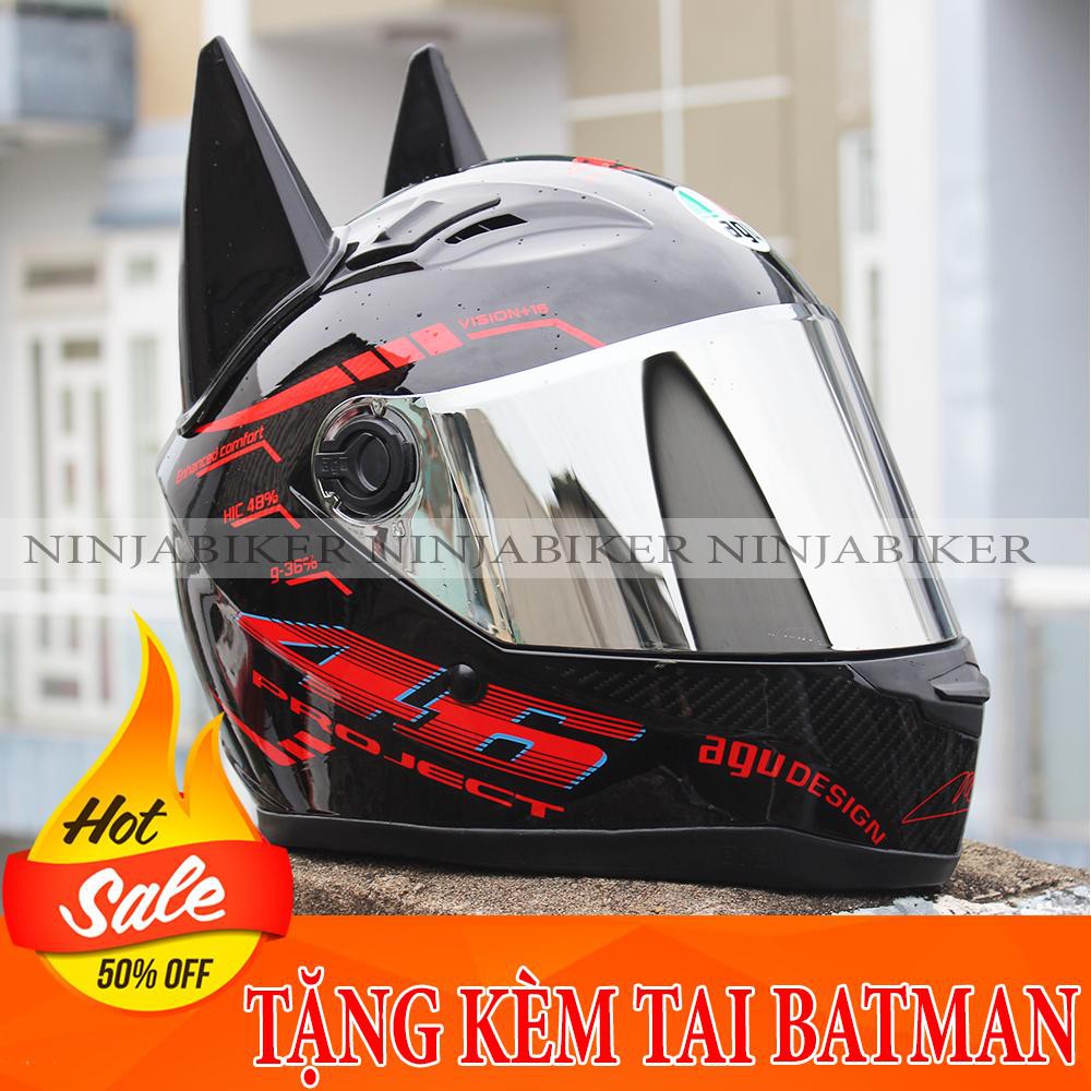 AGU FULL FACE ĐỎ GẮN SỪNG BATMAN (ĐỎ VÀ ĐEN)( BẢO HÀNH 12 THÁNG)