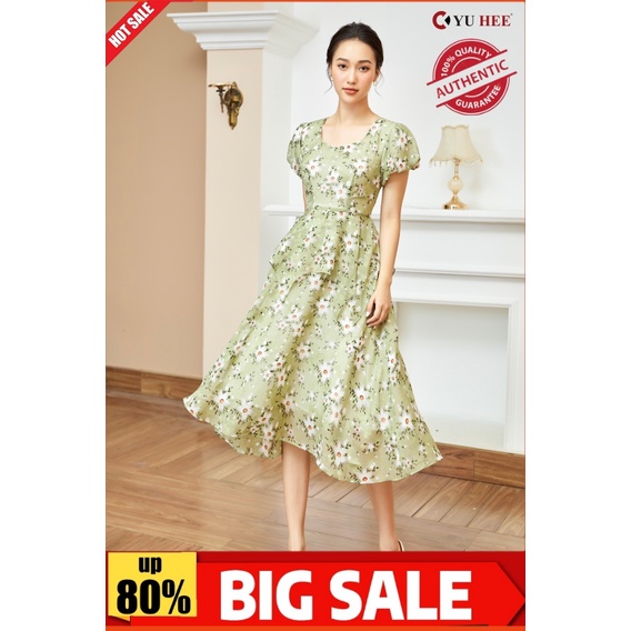 Đầm thiết kế hoa voan xanh cổ tròn tay búp hoa;cao cấp 2 lớp YuHee