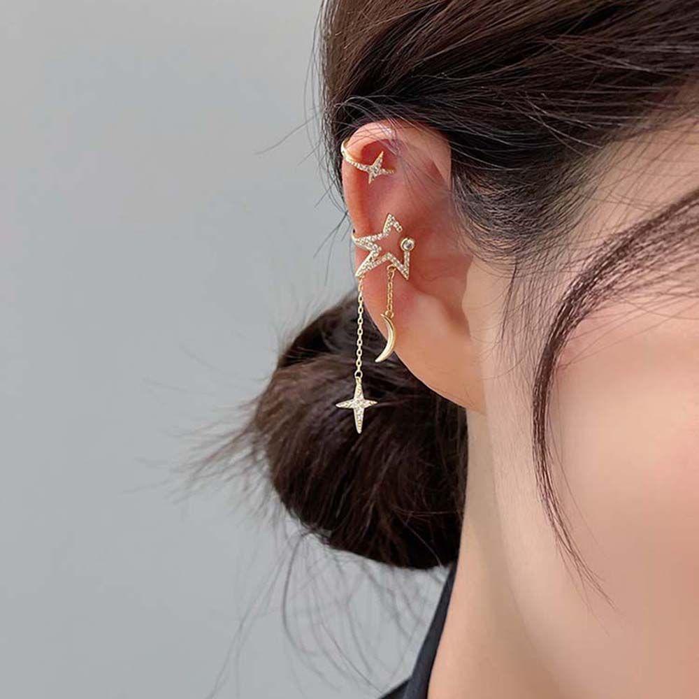 Khuyên Kẹp Vành Tai Hình Mặt Trăng/Ngôi Sao Đính Đá Zircon Dạng Kẹp Không Xỏ|Khuyên Tai Phong Cách Hàn Quốc