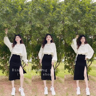Set áo crotop trắng rút dây thắt nơ trắng kèm chân váy đen xẻ tà
