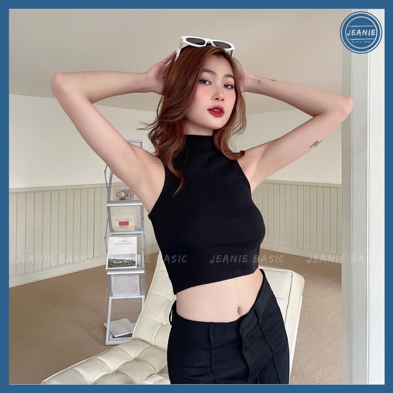Áo croptop nữ trơn JEANIE sát nách cổ lọ thun bo gân co giãn form basic