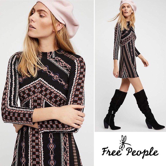 Thu Đông váy Black retro - Đầm thun họa tiết lạ VNXK Free People - Chất Store
