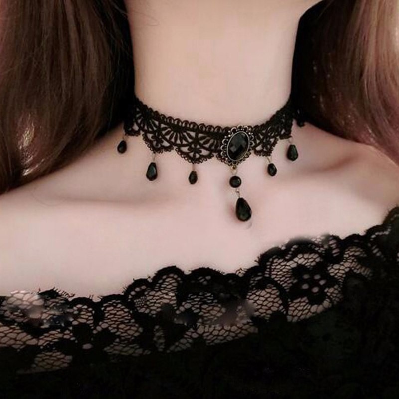 Vòng choker vải ren đính đá đen quyến rũ cho nữ