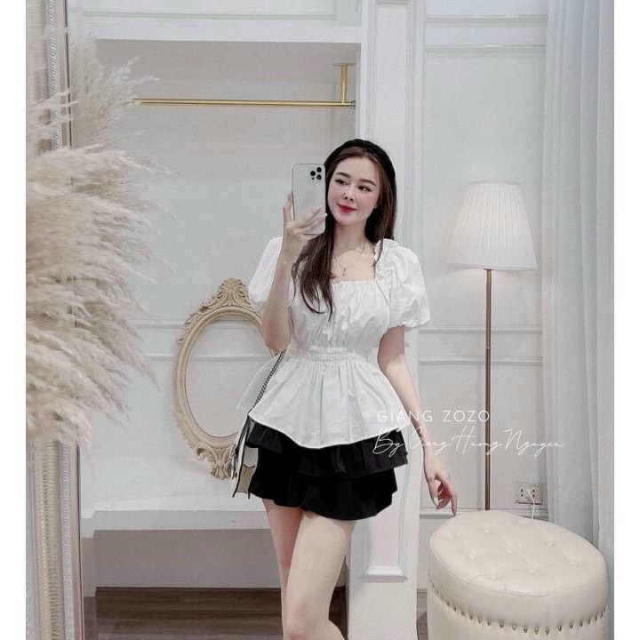 Áo kiểu nữ peplum cổ vuông tay ngắn nhún bo eo thon Mc