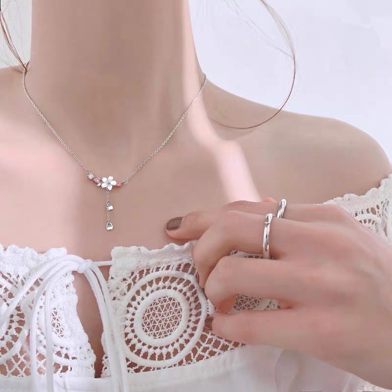 Dây chuyền,bông tai hoa đá hồng dễ thương