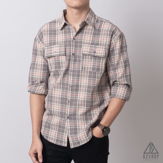 Áo sơ mi D2shop, áo sơ mi nam dài tay kẻ sọc caro, 2 túi, màu xám