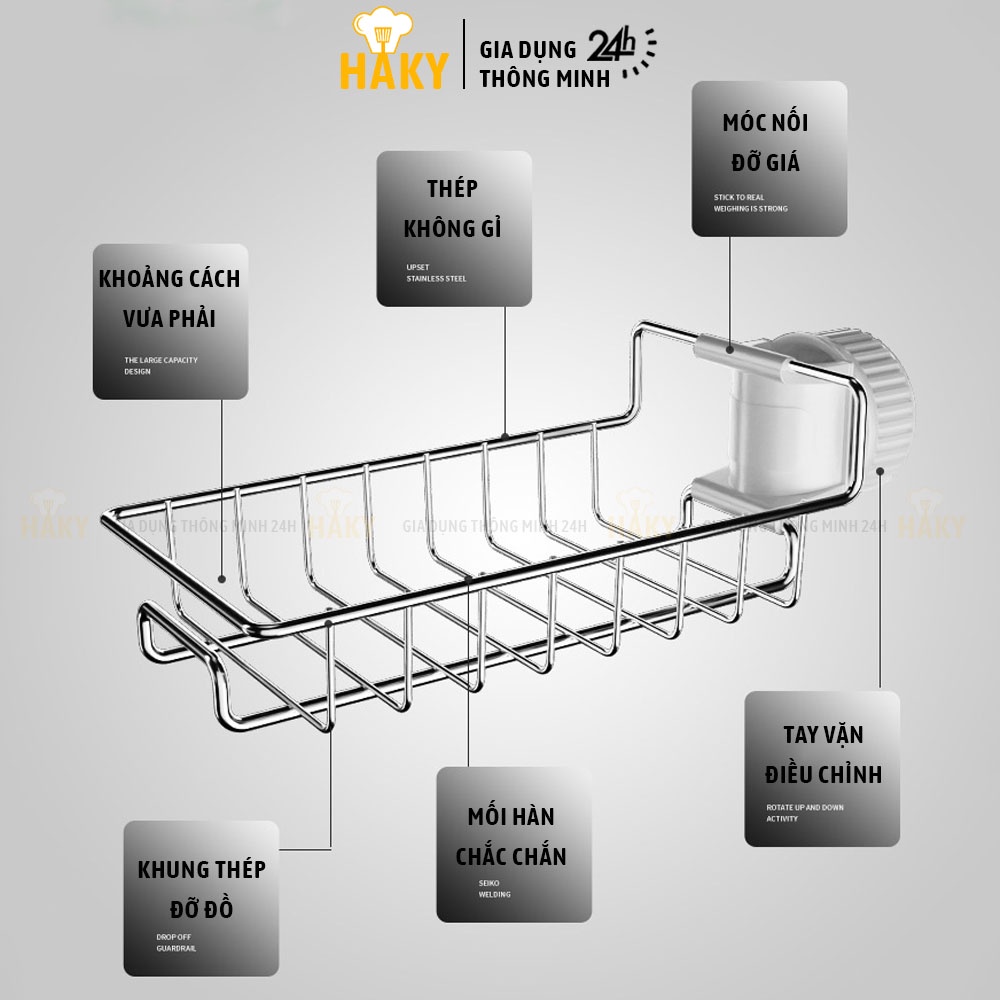 Giá treo vòi đựng đồ inox 304, để giẻ rửa bát HAKY006, kệ gắn vòi bằng thép không gỉ dày dặn, thiết kế có giá treo khăn