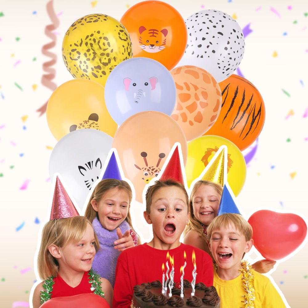 Set 10 Bong Bóng 12 Inch Họa Tiết Động Vật Không Độc Hại Kèm Dây Ruy Băng Trang Trí Tiệc Sinh Nhật