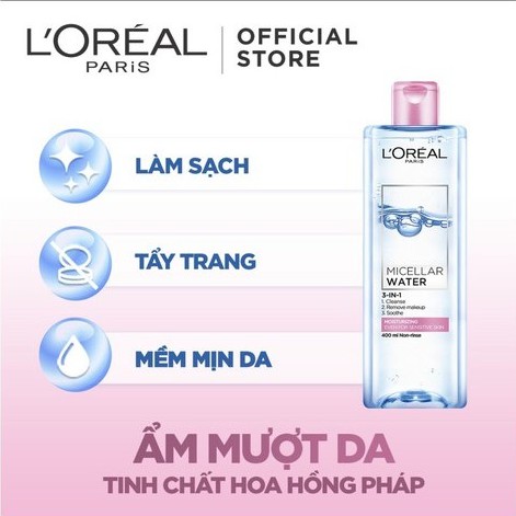 [ TẶNG BÔNG TẨY TRANG 40 MIẾNG ] Dưỡng Ẩm .Nước tẩy trang cho mọi loại da L'Oreal Paris 3-in-1 Micellar Water 400ml | BigBuy360 - bigbuy360.vn