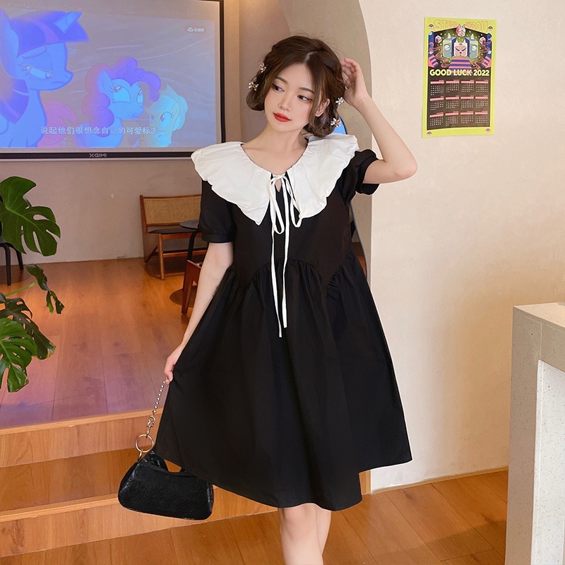 Đầm mini Xinlanyashe cổ búp bê dáng rộng in màu tương phản thời trang mùa hè Hàn Quốc mới váy thiết kế tay bồng