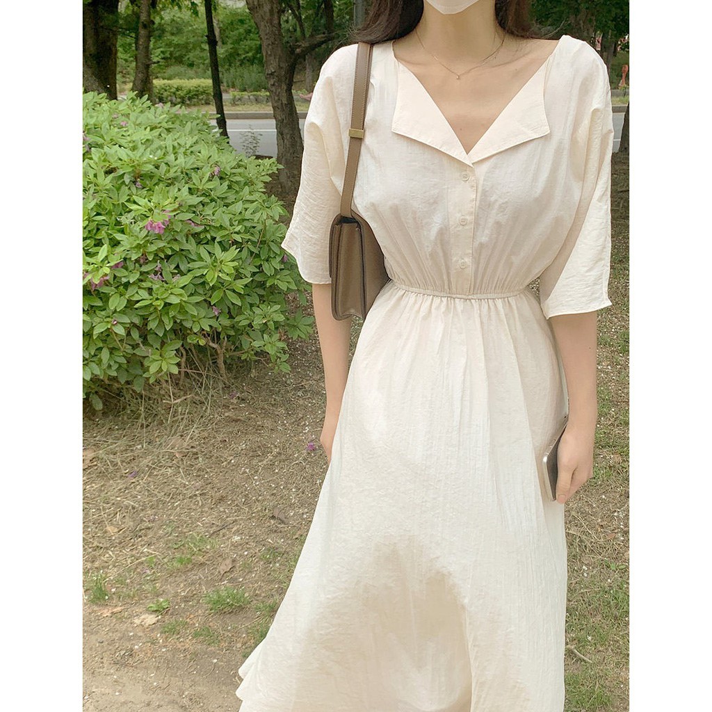 Đầm Peppermint 43636 dài tay ngắn cổ chữ V eo co giãn phong cách thời trang Hàn Quốc