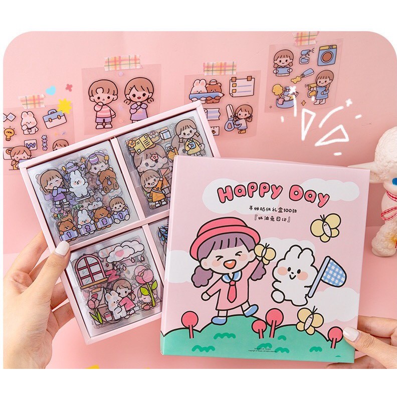 1 MIẾNG STICKER TELADO CÔ GÁI VÀ BÉ THỎ - Happy day