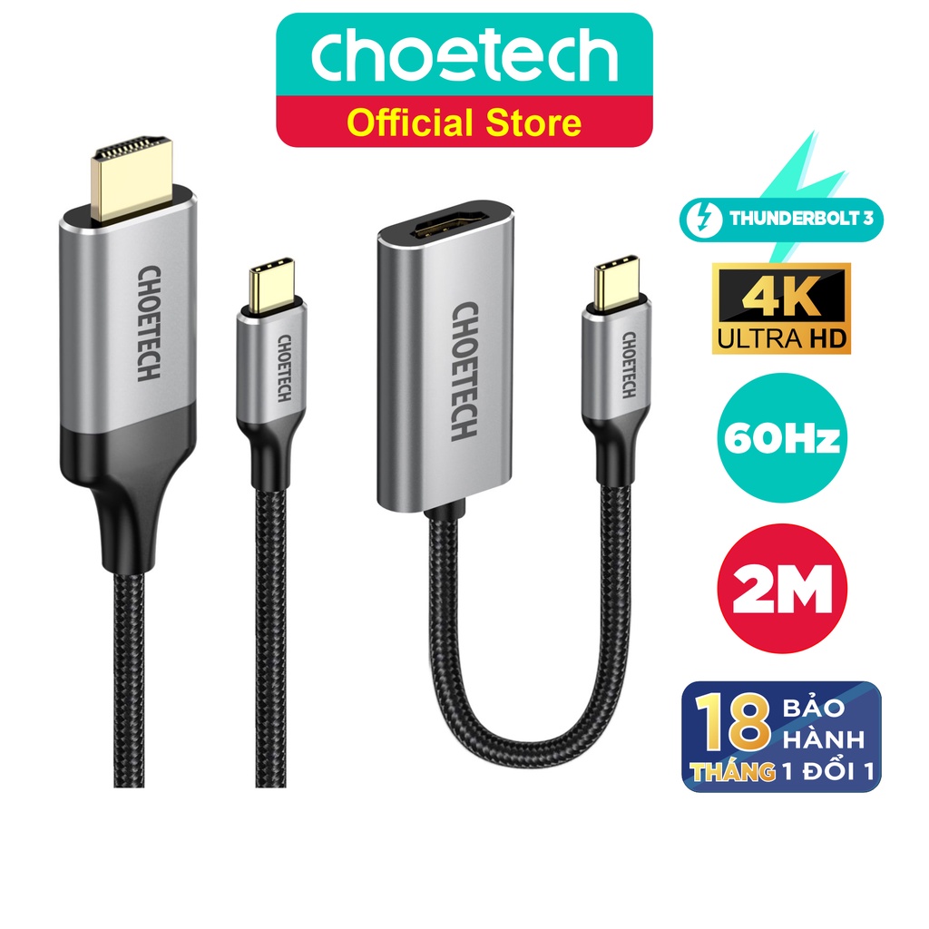 Bộ Cáp Type C to HDMI Dài 2M Phân Giải 4K 60Hz Kèm Đầu Chuyển C to HDMI Thunderbolt 3 CHOETECH CH0033-BK Hàng Chính Hãng