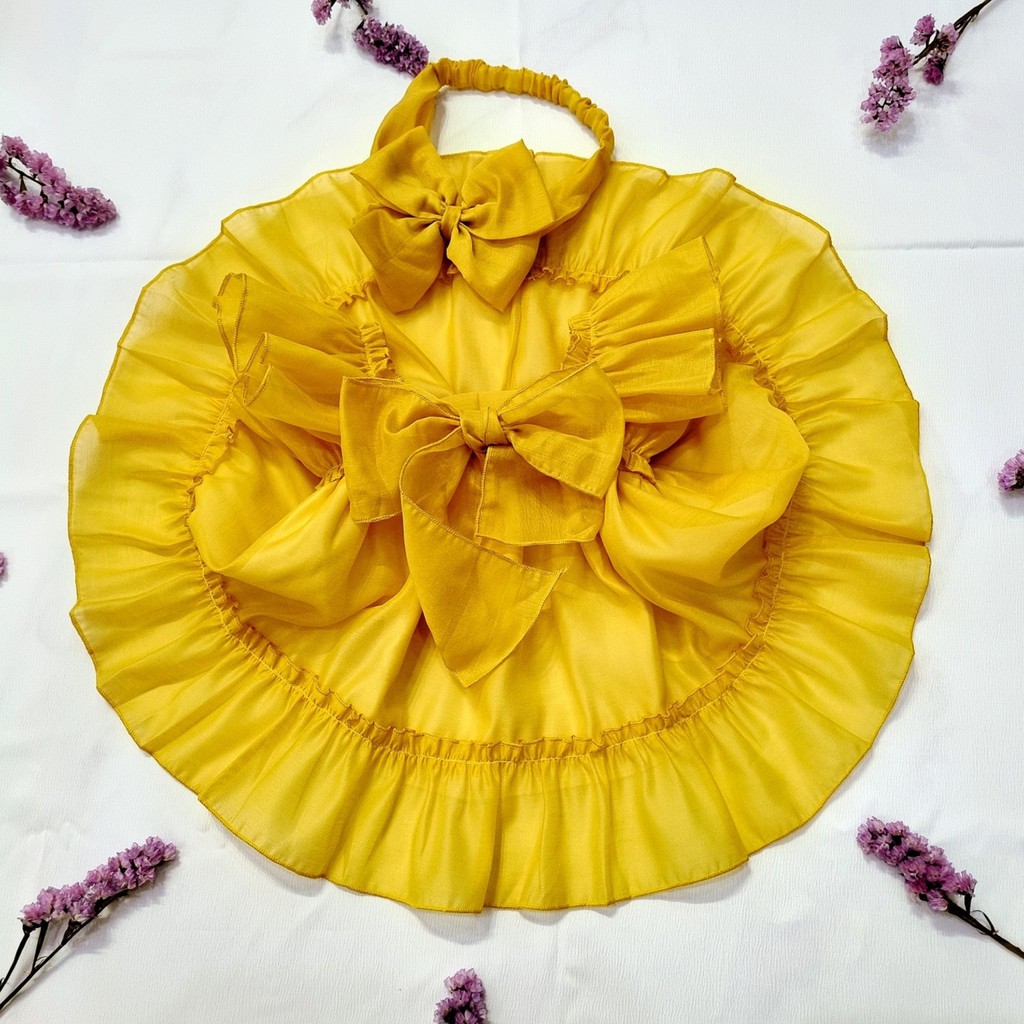Váy cho bé đầy tháng, thôi nôi màu vàng kèm băng đô - Chất tơ phối lót lụa habutai - Size 5kg đến 25kg