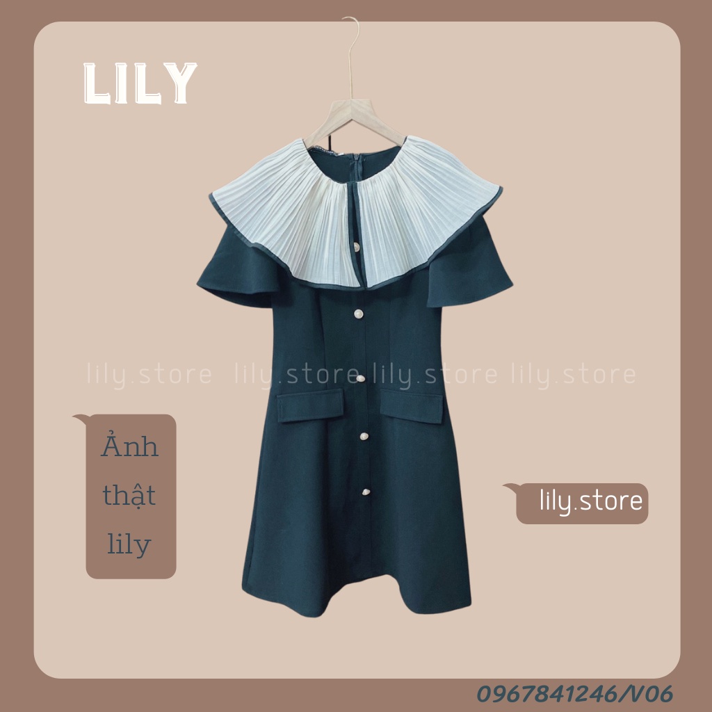 Váy nữ, Đầm thiết kế cổ xếp ly dáng chữ A cao cấp màu đen V06 LILY