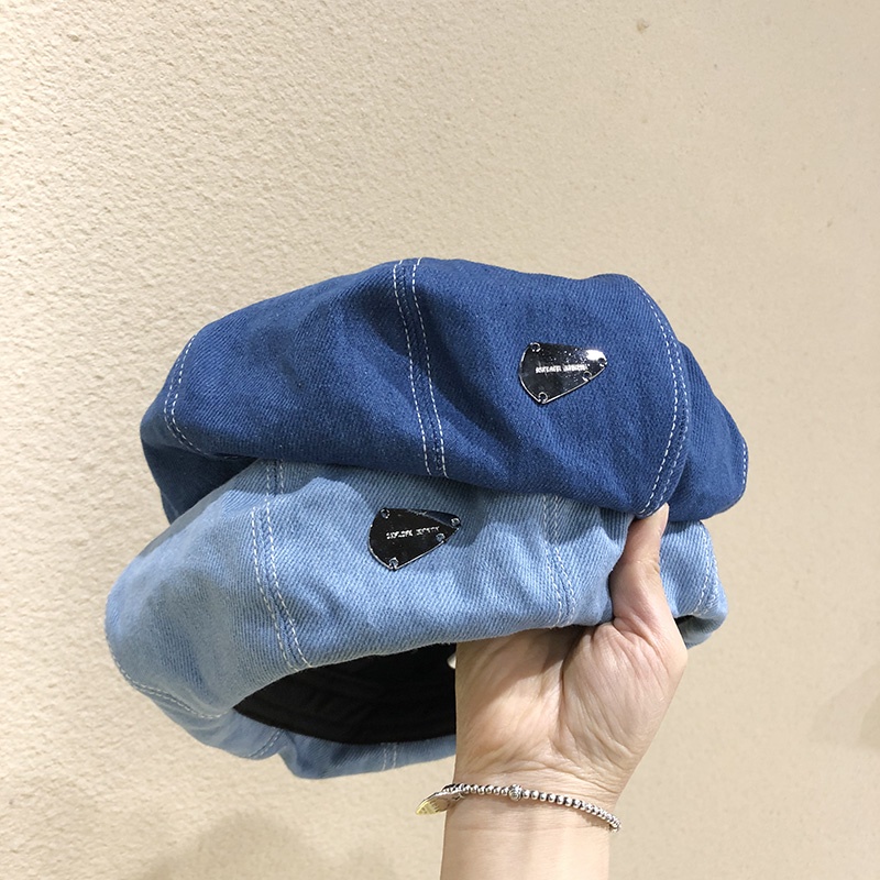 Nón Beret Denim Đính Nhãn Kim Loại Kiểu Họa Sĩ Thời Trang Hàn Quốc Dễ Phối Đồ