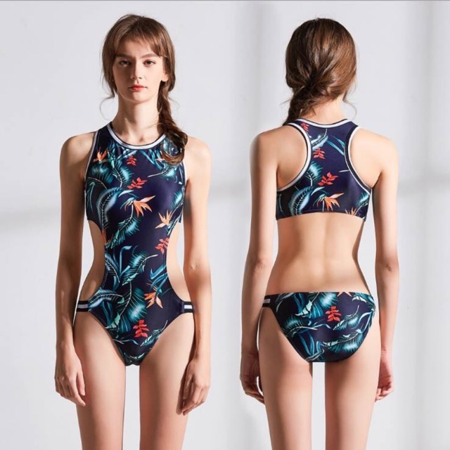 Monokini/Bikini xuất khẩu mã BK129 form thể thao, họa tiết hoa lá nhiệt đới
