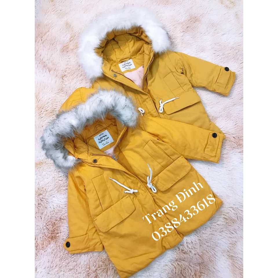 Áo parka kaki vàng mũ lông cho bé sz 6-10y