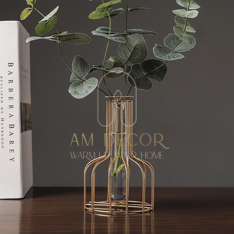 Bình hoa sắt vàng lọ thuỷ tinh nghệ thuật hoa giả decor trang trí phòng bếp sang trọng - AM Decor