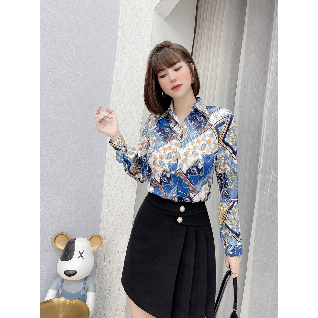 Áo sơ mi lụa dài tay nũ cao cấp công sở họa tiết hoa nhỏ cam hình xanh pastel trắng, áo sơ mi thiết kế MQ Boutique