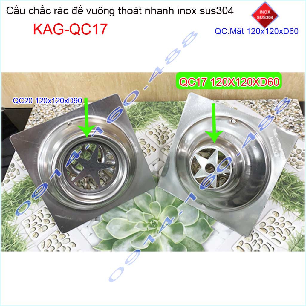 Cầu chắn rác đế vuông 12x12cm D60 KAG-QC17, Phễu thoát nước sân thượng SUS304 ống 6cm thoát nhanh chắn rác tốt