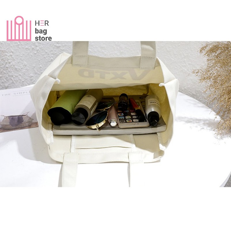 Túi tote đeo vai giá rẻ vải canvas mềm trơn đẹp đi học phong cách Nhật Bản có túi phụ nhỏ bên ngoài