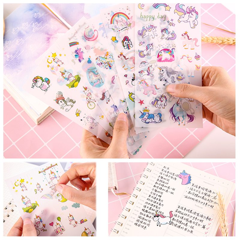 Bộ 6 tờ nhãn dán trang trí sổ sách in hình kỳ lân hoạt hình dễ thương