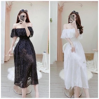 Đầm xoè dự tiệc trễ vai lông vũ MITRIE