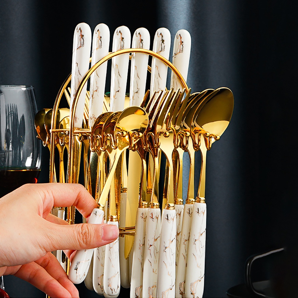 Dao thìa nĩa kèm giá treo bộ 25 món mạ vàng vân đá – VS183