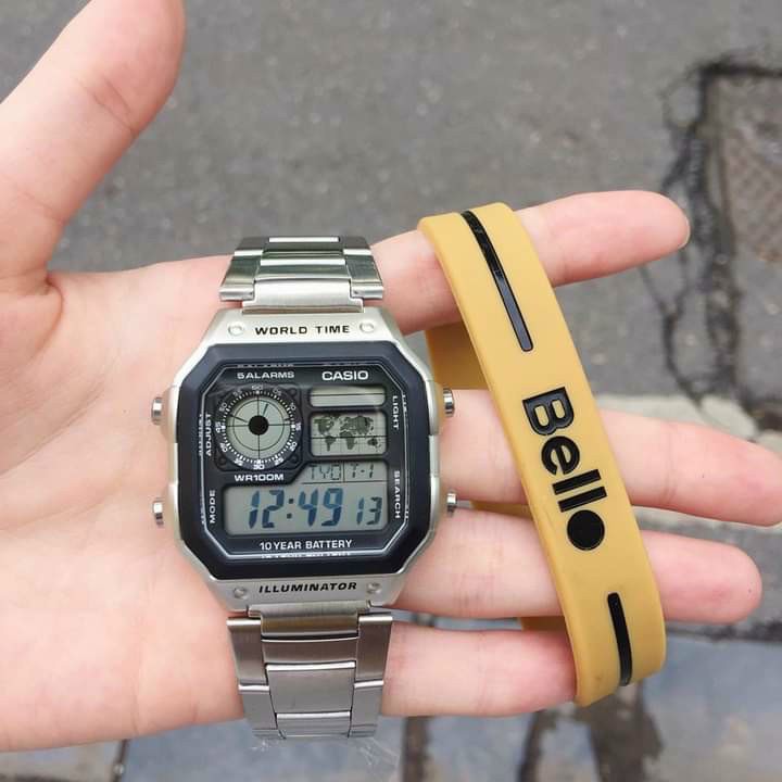 Đồng hồ điện tử nam AE 1200-WHD classic phong cách, thời thượng chống nước, dây thép không gỉ
