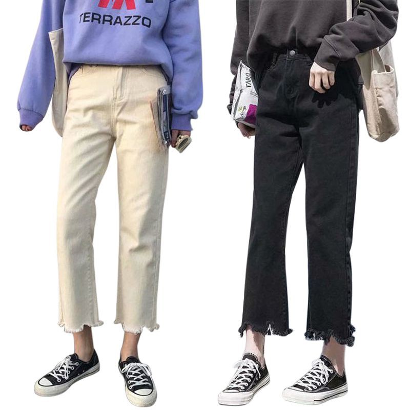 [Baywellfashion]Quần denim co giãn lưng cao thiết kế ống rộng màu trơn thời trang mùa thu cho nữ | BigBuy360 - bigbuy360.vn