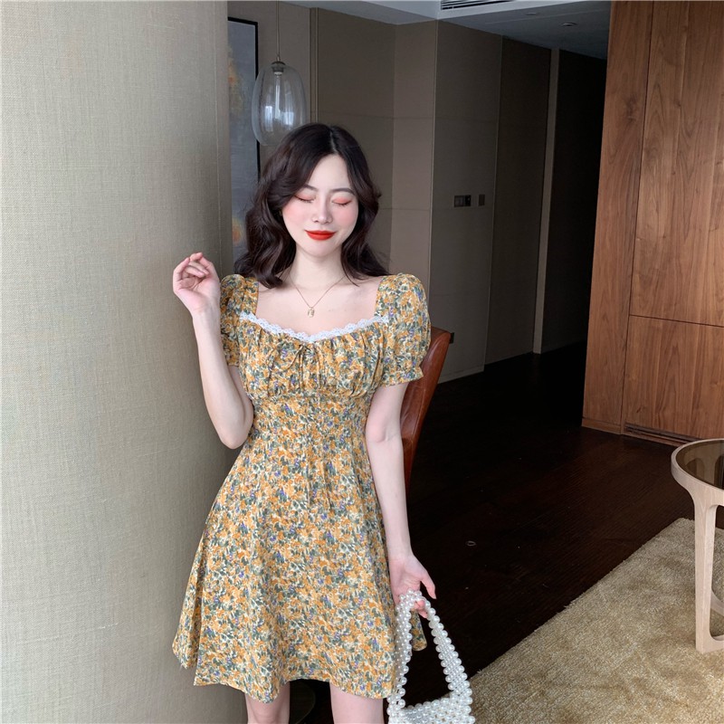 Xiaozhainv Đầm Cổ Vuông Tay Phồng Họa Tiết Hoa Xinh Xắn Phong Cách Retro Hàn Quốc | BigBuy360 - bigbuy360.vn