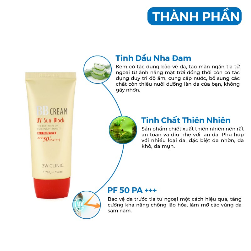 Kem nền trang điểm che khuyết điểm chống nắng BB Cream UV Sun Block 3W Clinic Hàn Quốc 50ml