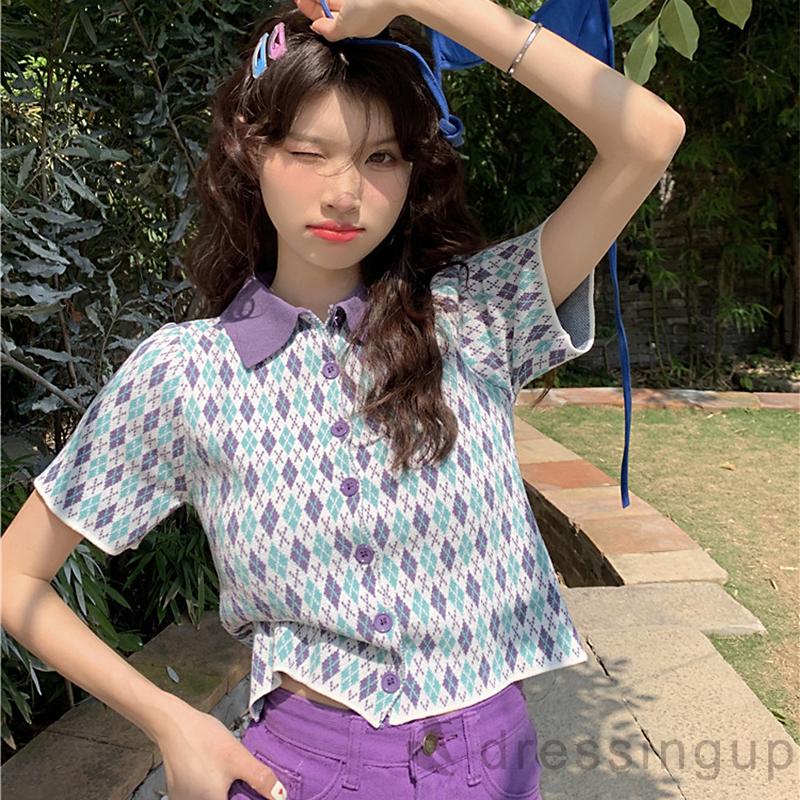 Áo Thun Ngắn Tay Cổ Bẻ Màu Sắc Tương Phản Thời Trang Mùa Hè Cho Nữ