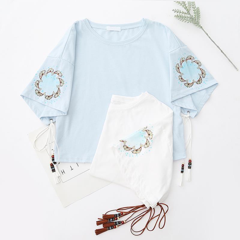 Áo Thun Harajuku Mùa Hè 2022 Dáng Suông Tay Cộc Cổ Tròn In Họa Tiết Cổ Điển Cho Nữ