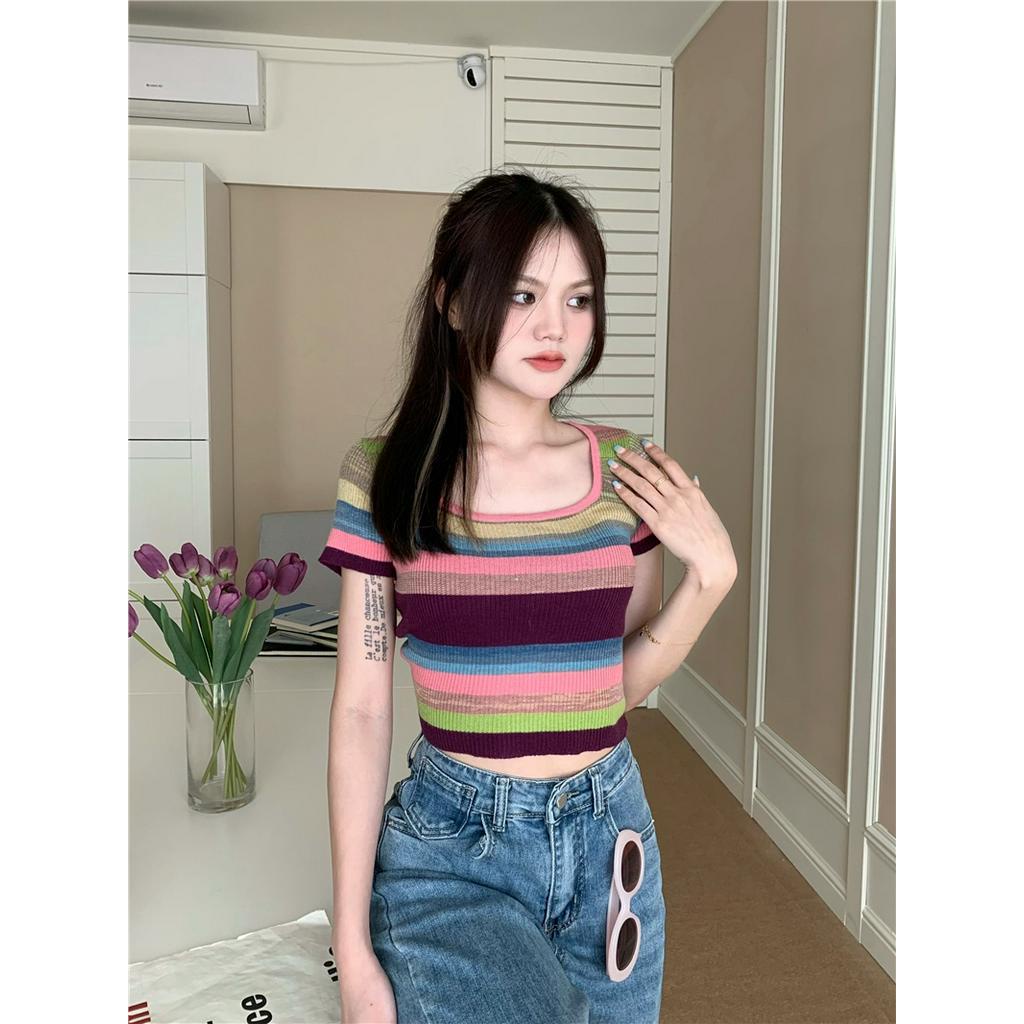 Áo sweater Mỏng Sáp Mềm Cổ Vuông Tay Ngắn Kẻ Sọc Màu Tương Phản Thời Trang Mùa Hè Cho Nữ