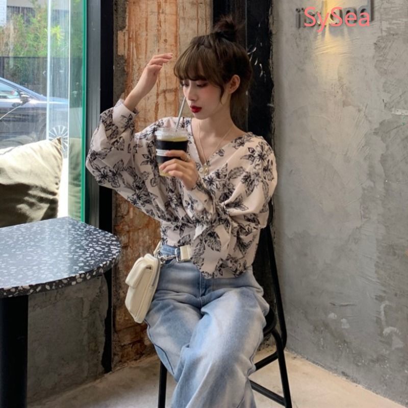 Áo Sơ Mi Tay Dài Cổ Chữ V Họa Tiết Hoa Phong Cách Retro