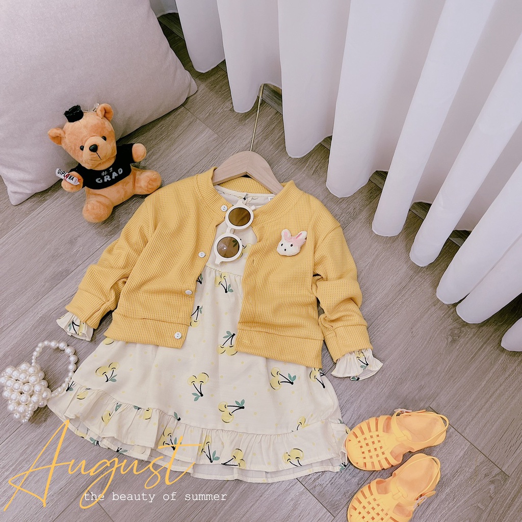 Sét váy thu đông kèm áo len cho bé gái, set váy đũi hoa dáng babydoll kèm áo khoác tổ ong gắn gấu siêu dễ thương cho bé