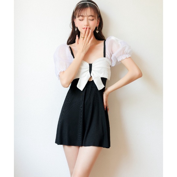 Bộ đồ bơi nữ liền thân dáng váy nơ xinh tay phối voan trắng