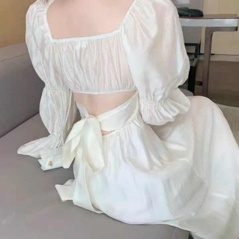 Đầm Tay Phồng Cột Dây Sau Lưng Phong Cách Pháp Thanh Lịch Dành Cho Nữ