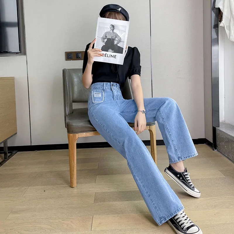 IELGY      Quần Jean Dài Lưng Cao Dáng Rộng Mỏng Đính Ngọc Trai Thời Trang Cá Tính Cho Nữ