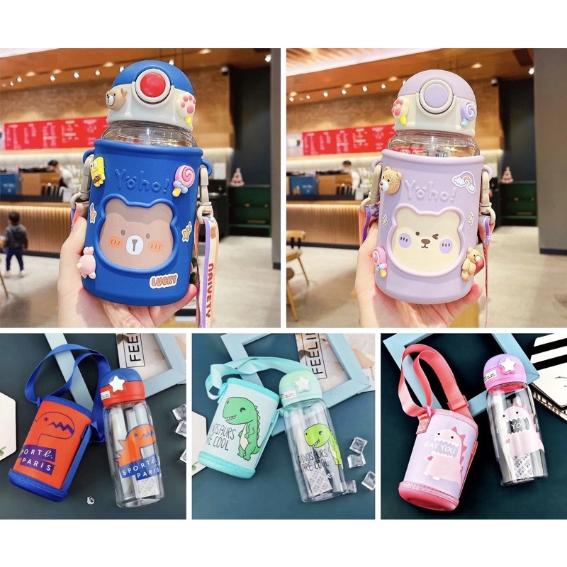 Bình nước cho bé có ống hút, Bình uống nước cho bé đi học 620ml bằng nhựa PC chịu nhiệt
