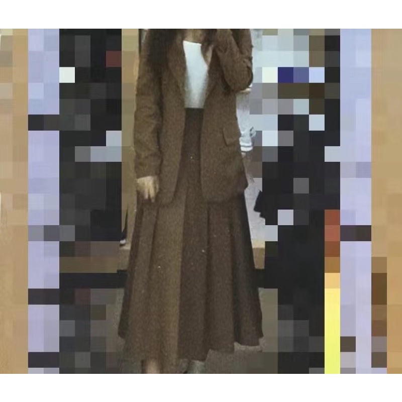 Set áo khoác blazer + chân váy dài xếp ly màu nâu tây ulzzang