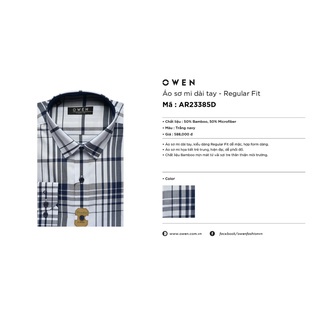 Áo Sơ Mi Nam Dài Tay Owen AR23385D Somi Công Sở Cao Cấp Màu Trắng Kẻ Caro Navy Dáng Suông Không Túi Chất Sợi Tre